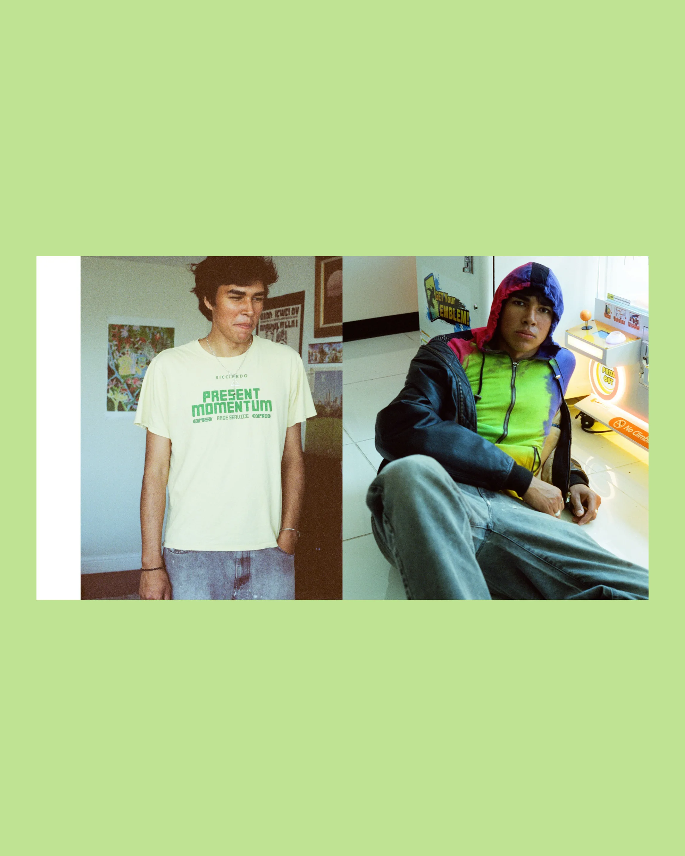 Diptych of two looks in a bedroom — a Present Momentum tee and a color-blocked windbreaker with jeans