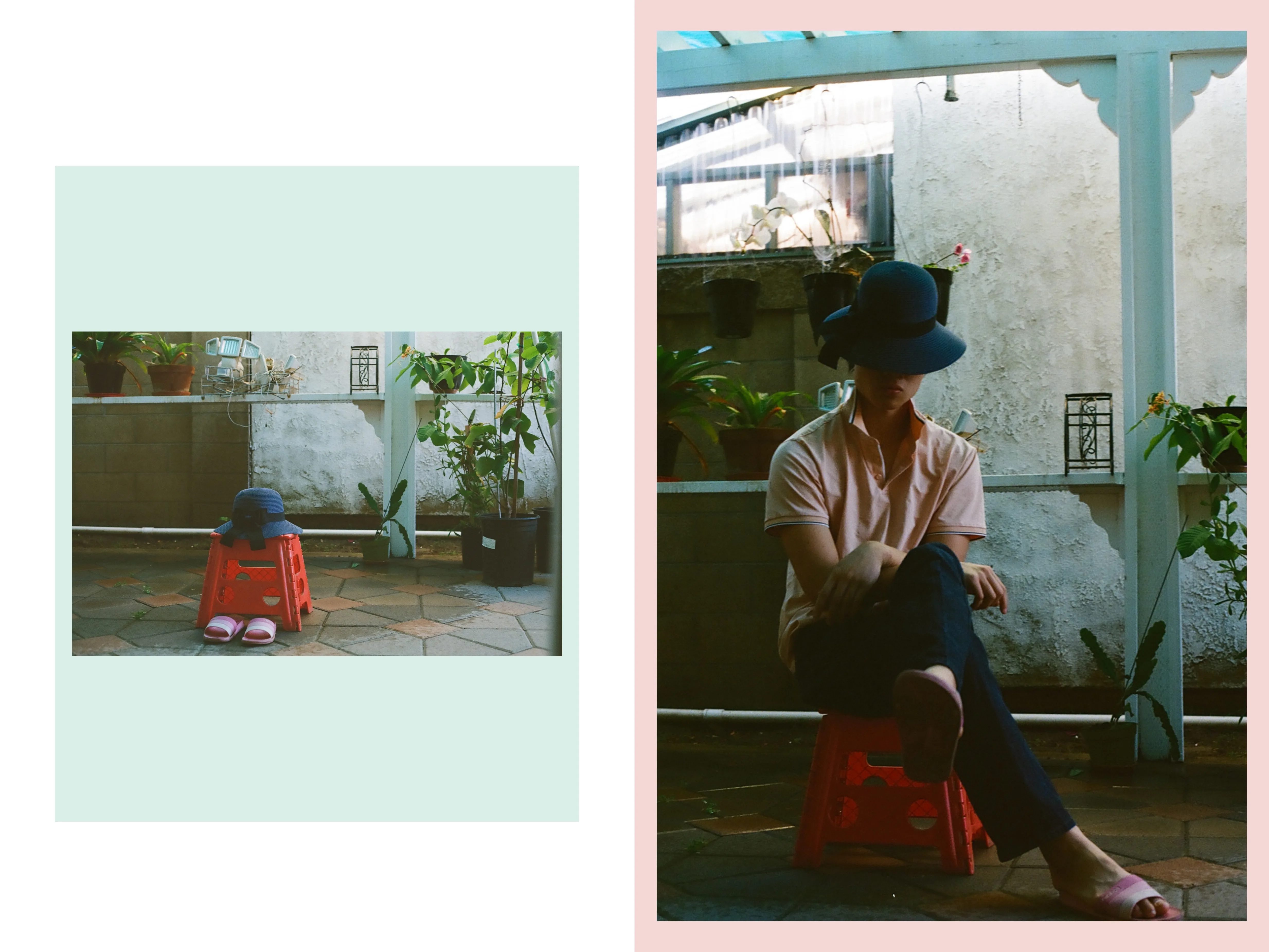 Film diptych of a man in a bucket hat and pink shirt seated on a red plastic stool in a walled patio garden