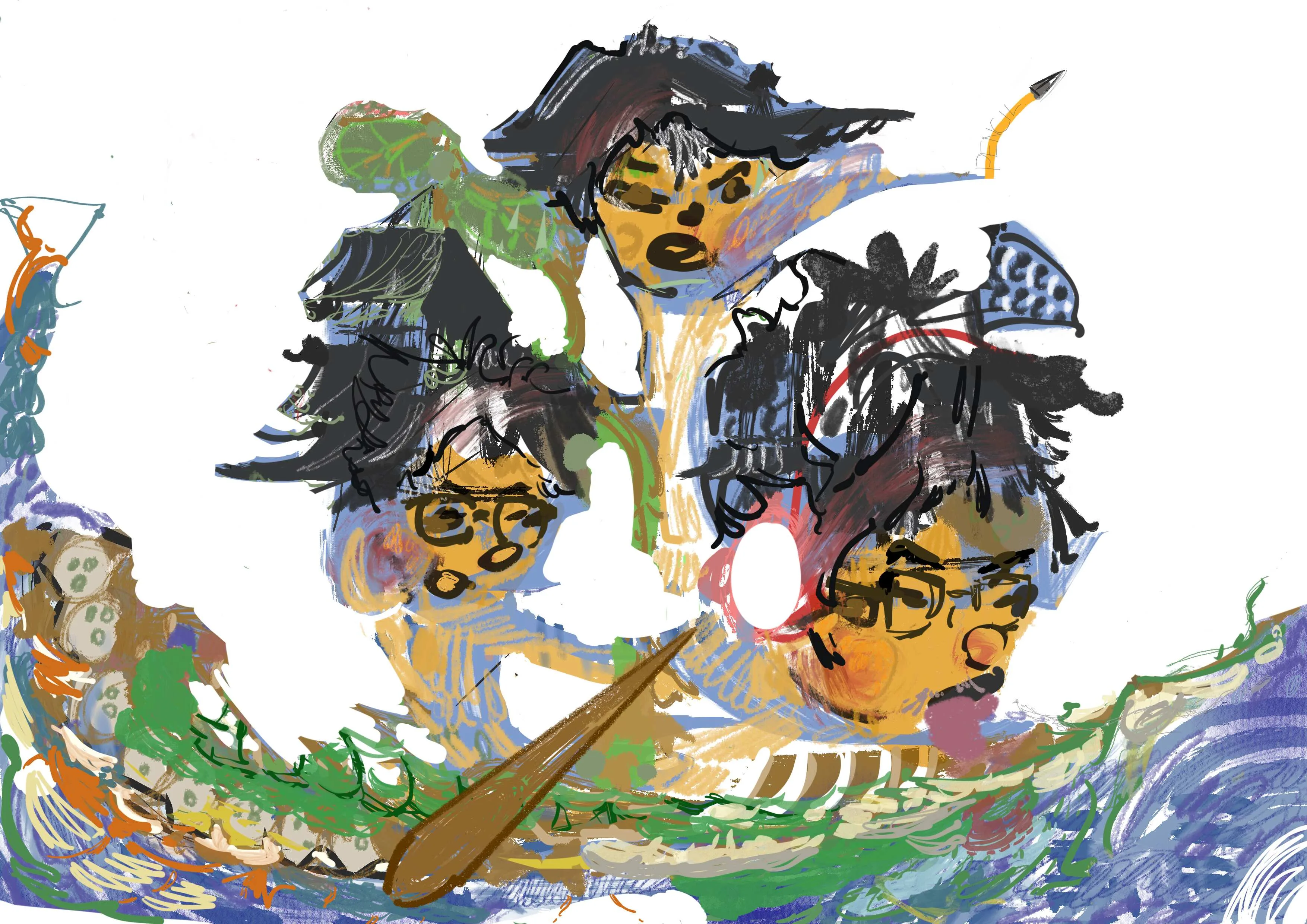 Illustrated southeastflavaa cover art — three painted faces with dark hair riding a rowing boat through swirling waves