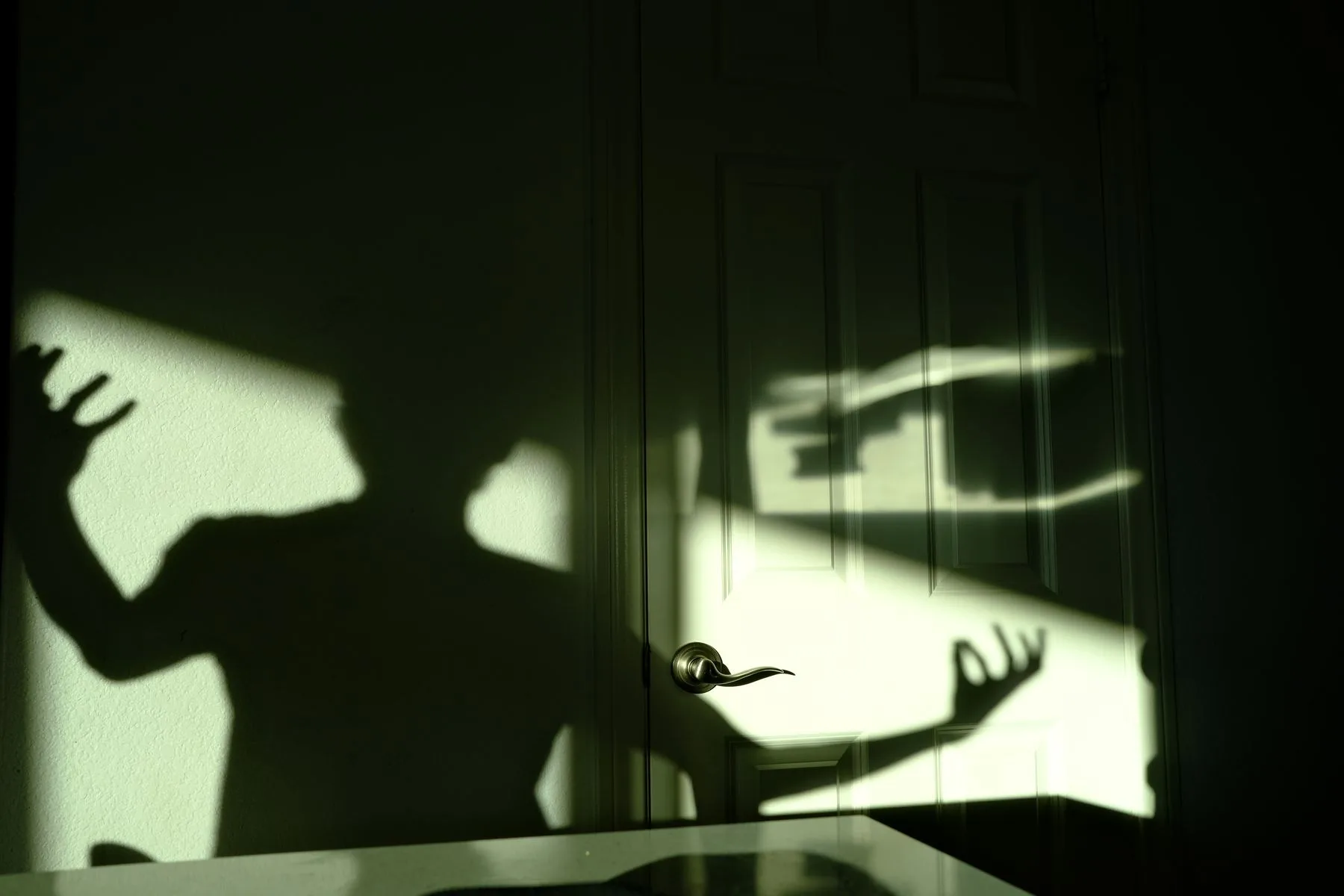 Shadows of grasping hands and a face cast across a green-lit door