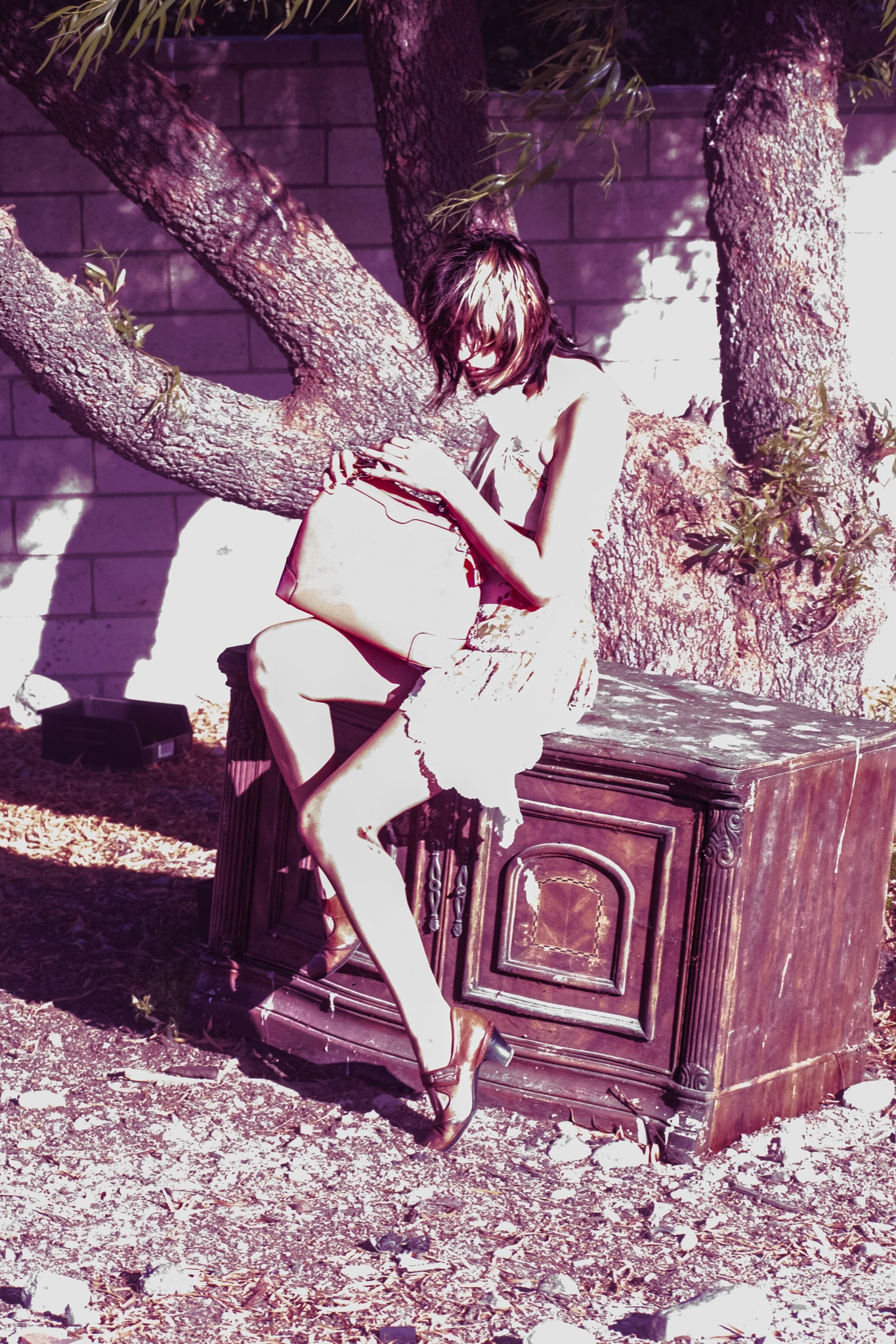 Model in a cream lace dress seated on an ornate antique cabinet beneath a tree, shot in warm purple tones