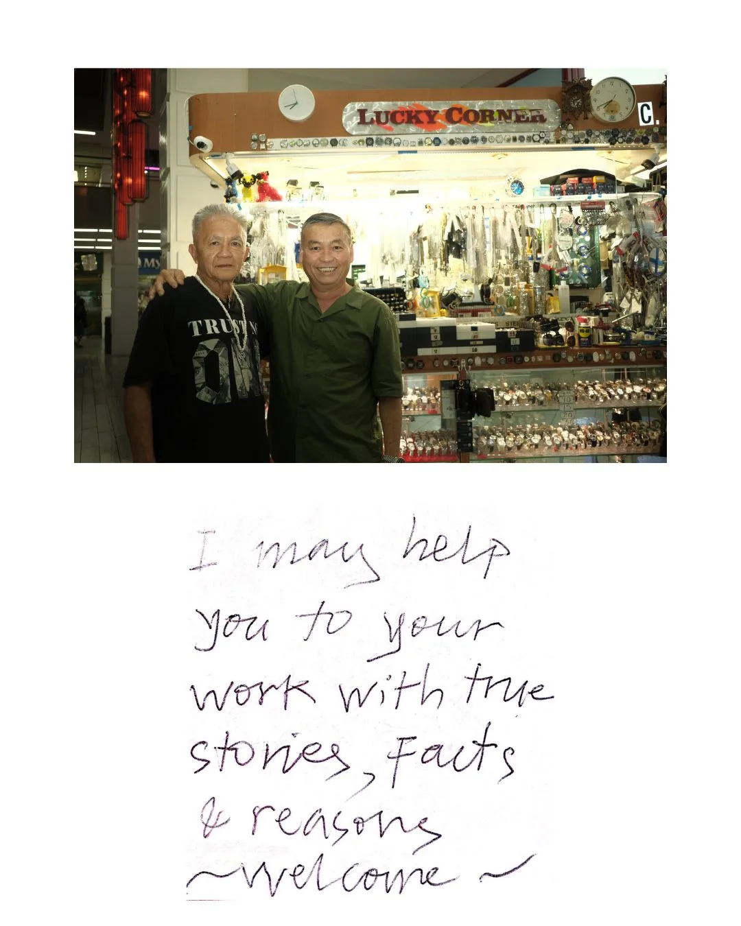Two men posing at the Lucky Corner jewelry counter, above a handwritten note offering true stories, facts and reasons