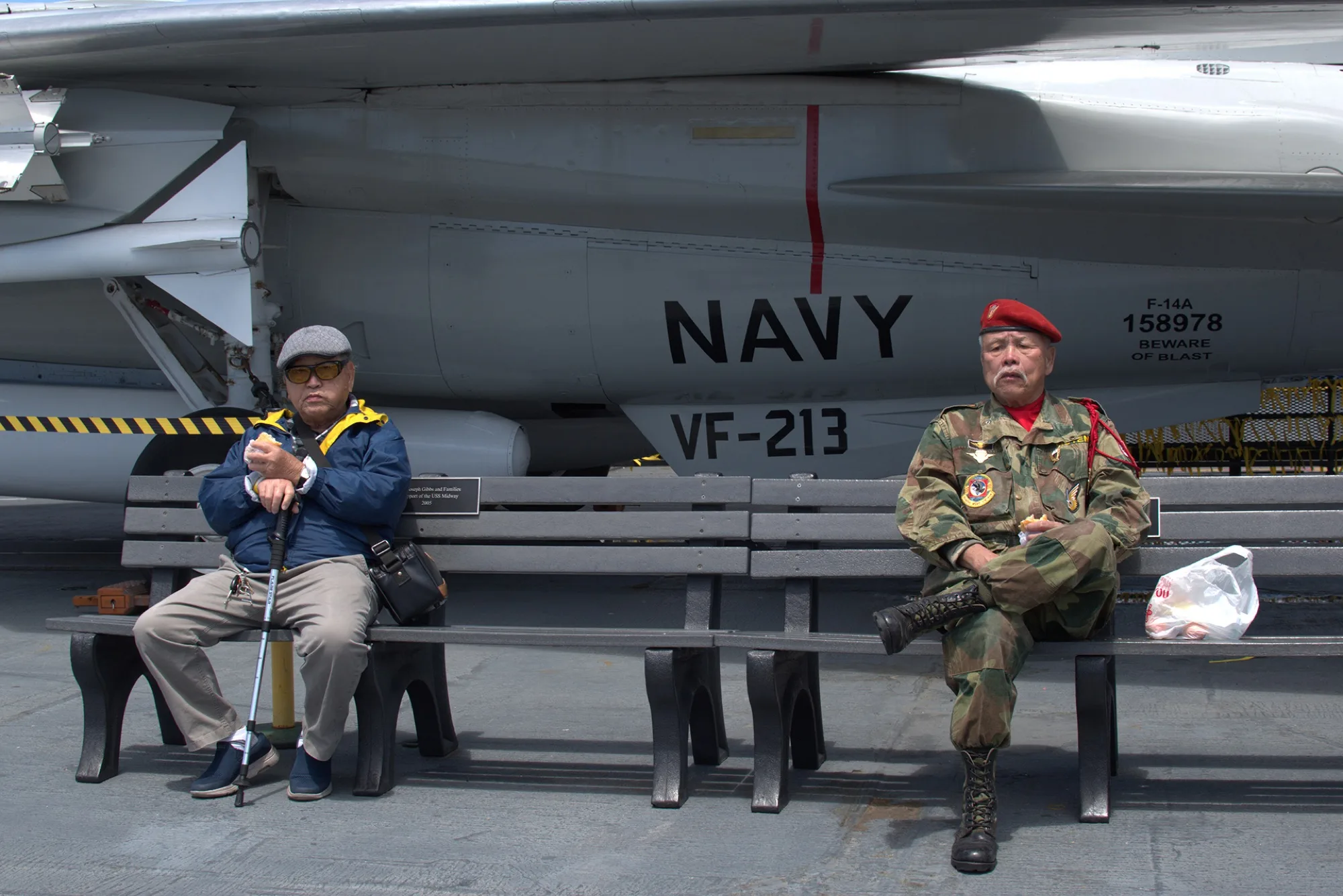 Two older men seated on benches beneath a Navy VF-213 fighter jet at a museum